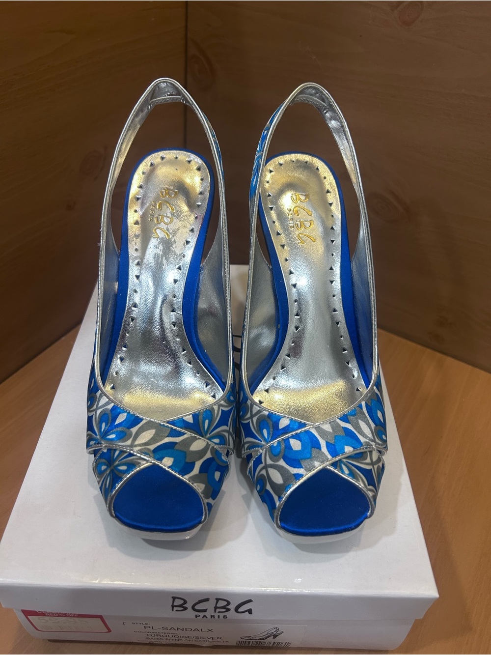 BCBG Blue and Silver Floral Peep-Toe Slingback Heels